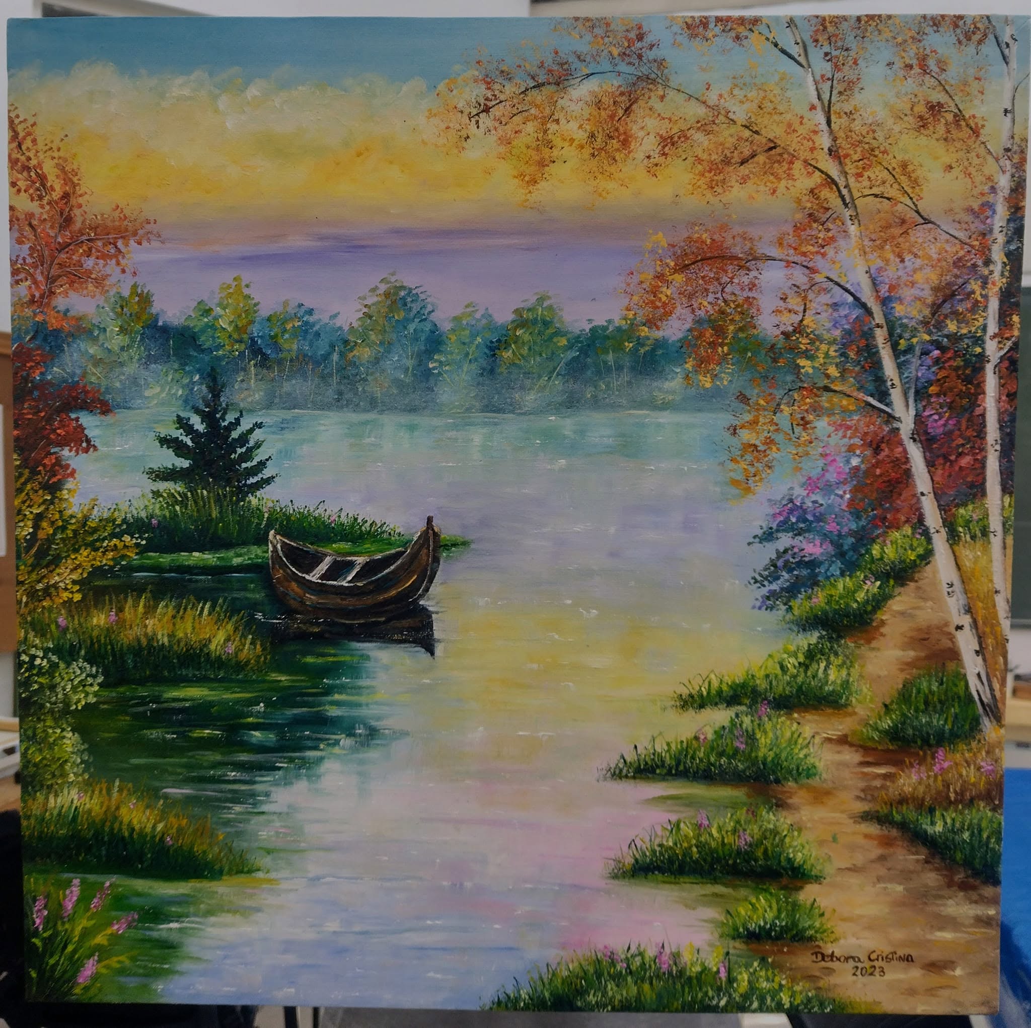 Pintura de paisagem com luz matinal no bosque por Débora Cristina.